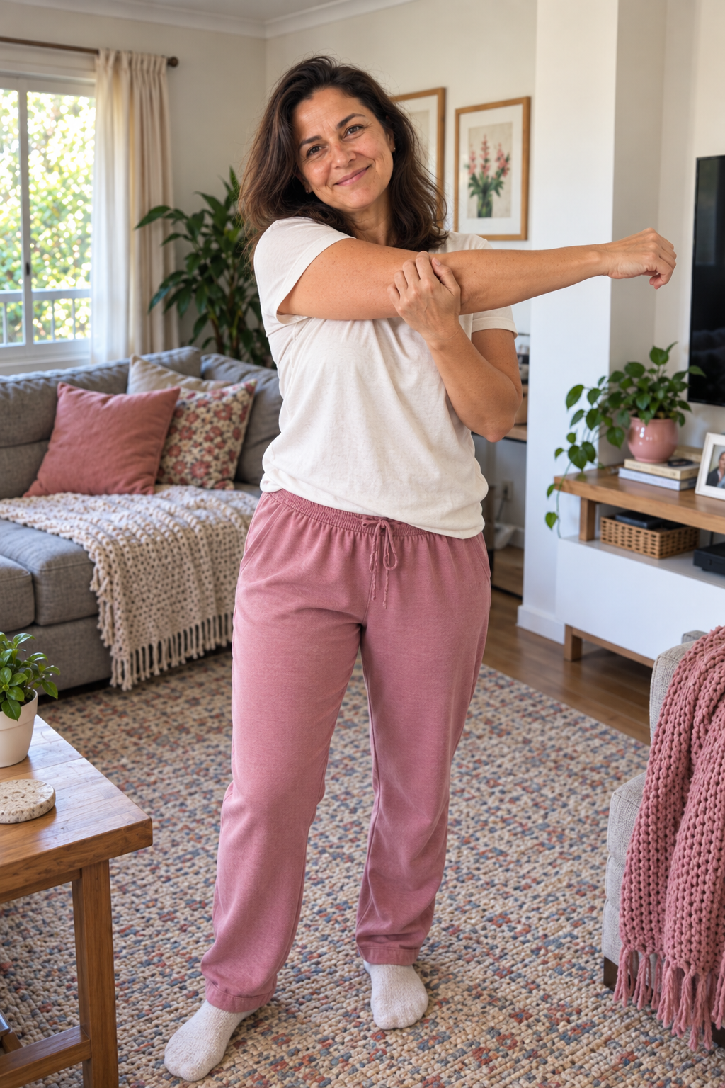 Cláudia sorrindo acolhedoramente enquanto faz um movimento leve em sua sala de casa